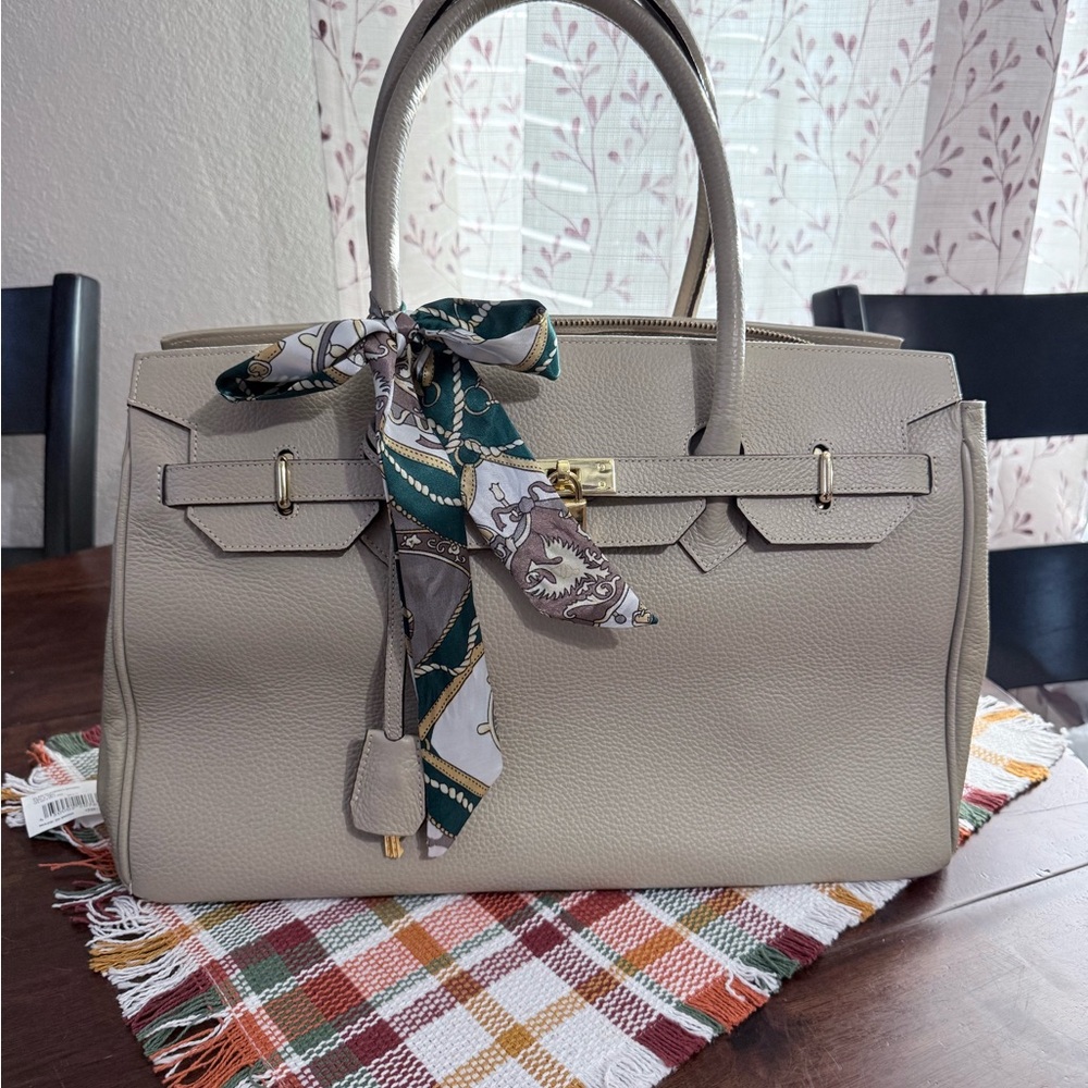Elegant Beige Handbag with Scarf Accent